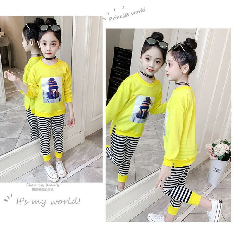 Spring Autumn Girls Clothing Set Full Sleeve Cotton Shirt + Pants 2Pcs Suit For Kids 2-9 Years Children Clothes