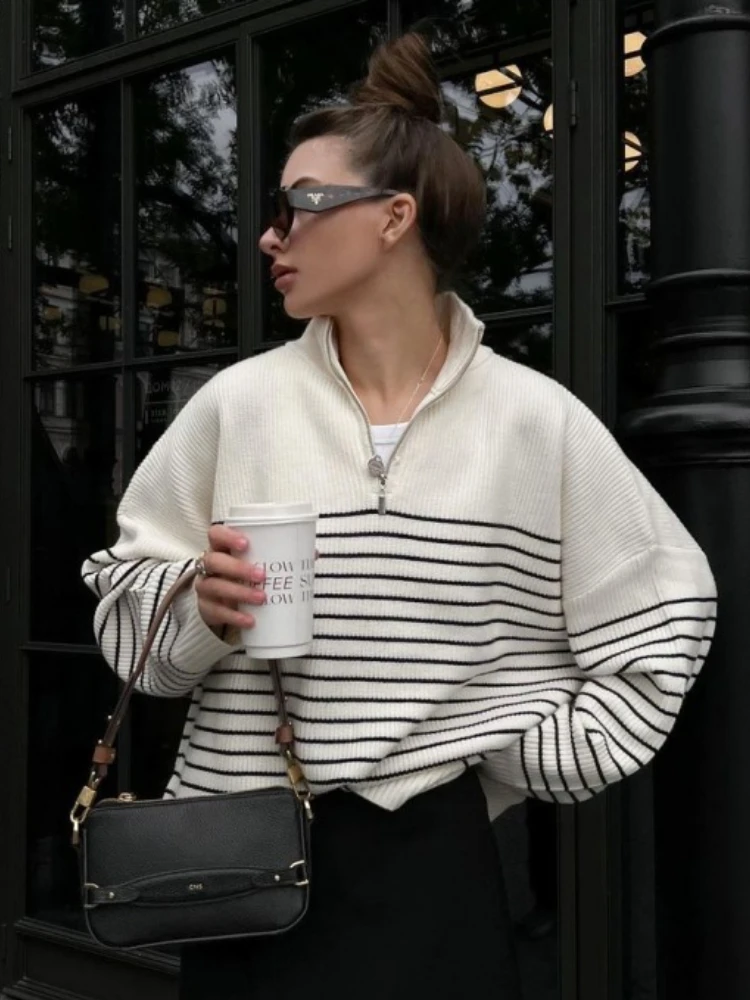 

Oversized Sweater Women Turtleneck Zippers Knitted Sweater Women Stripe Long Sleeved Autumn Winter Fashion Women Sweaters 2023