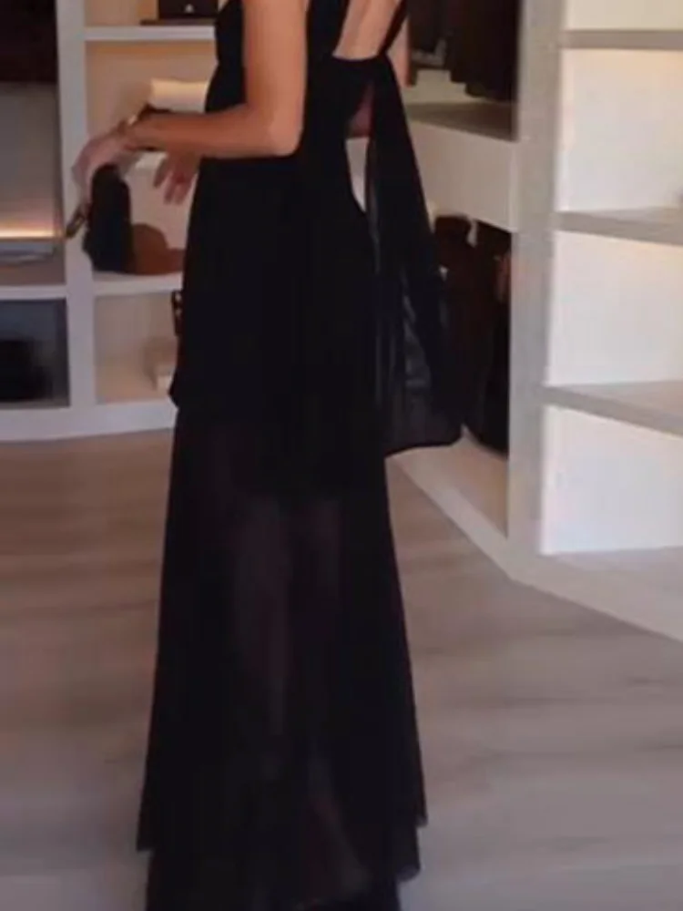 Trägerloses Maxikleid mit schwarzem Band für Damen, elegant, Netz-Patchwork, rückenfrei, schlank, Roben, 2025, Herbst-Winter-Urlaub, Party-Kleider