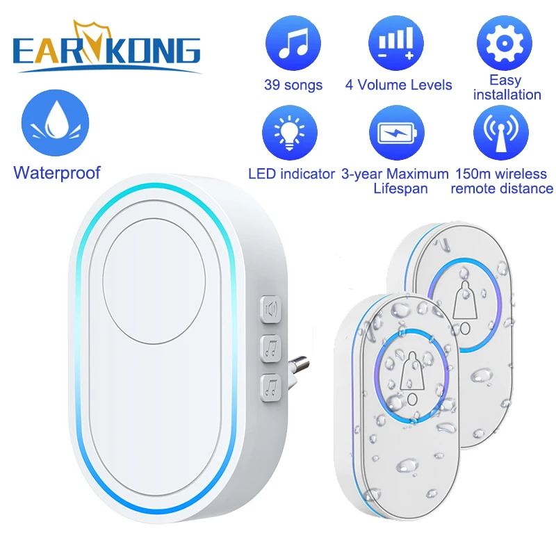 Waterdichte Draadloze Deurbel Thuis Welkom Smart Home Deur Bel 300M Afstandsbediening Smart Bell Chime Eu Uk Us Plug Optioneel