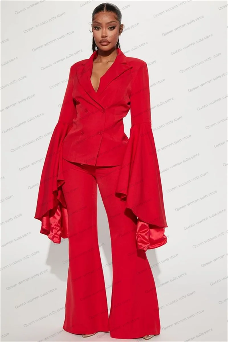 Red 2 Pieces Women Suits Set Blazer+Pants Wedding Tuxedos Guest Prom Dress  Custom Made Lengthening Flare Sleeve Jacket