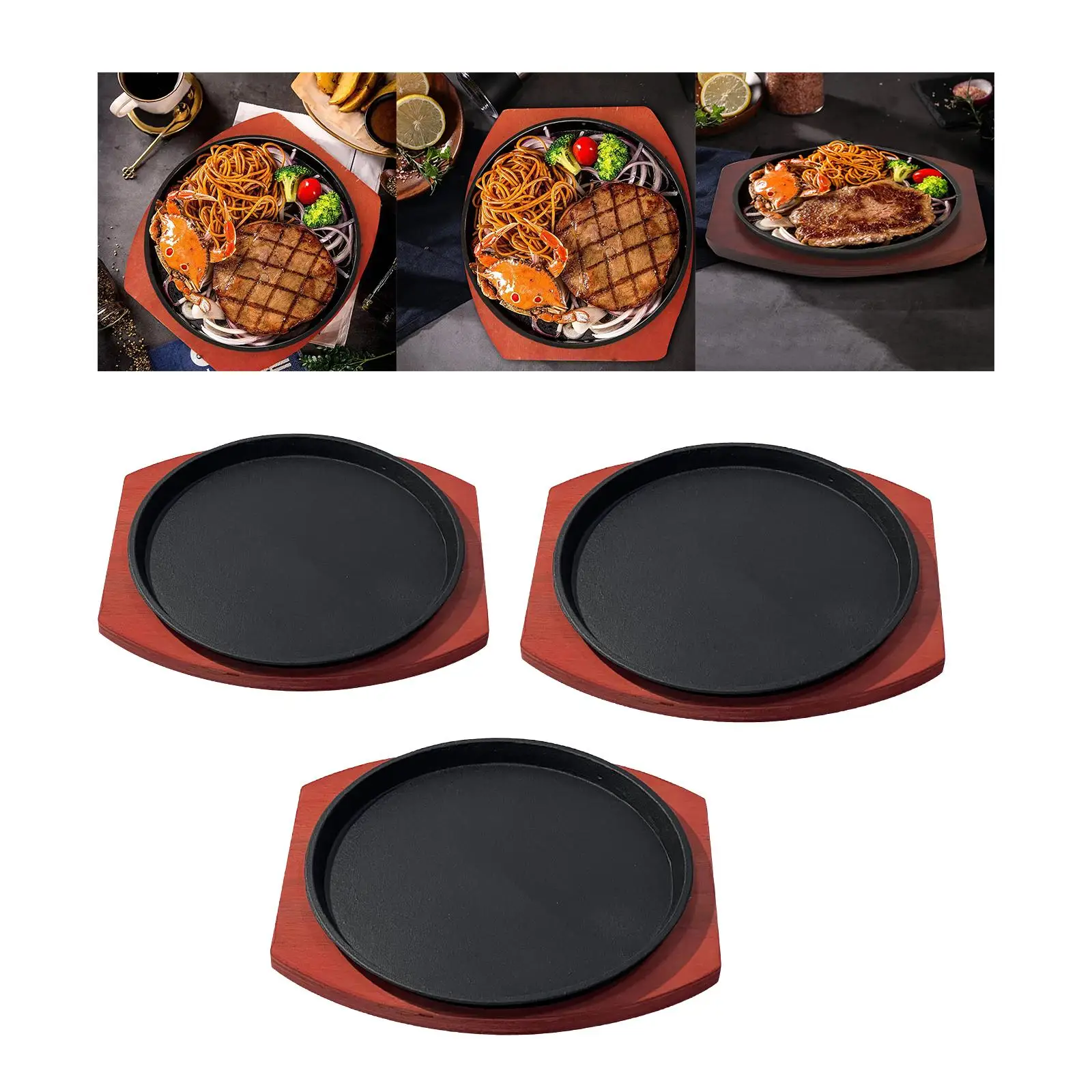 Cast Iron Steak Plate with Wooden Base Personal Size Round