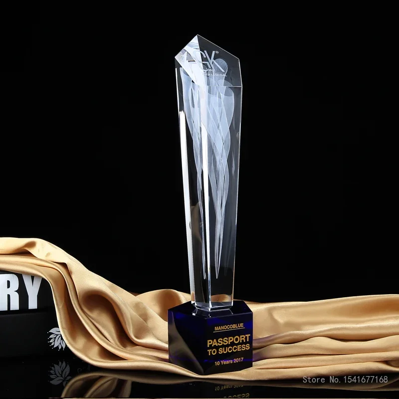 Customized Crystal Trophy with Engraving Flame, Creative Lettering, Excellent Staff, annual Meeting Award, Decor, Blue Base, 1Pc