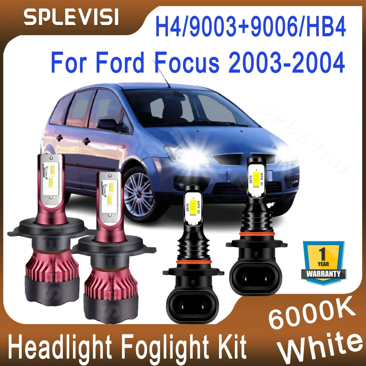 

Upgrade LED Headlight Foglight Kit For Ford Focus 2003 2004 Replace High Low Beam H4/9003, Folight 9006/HB4 28000LM Bright White