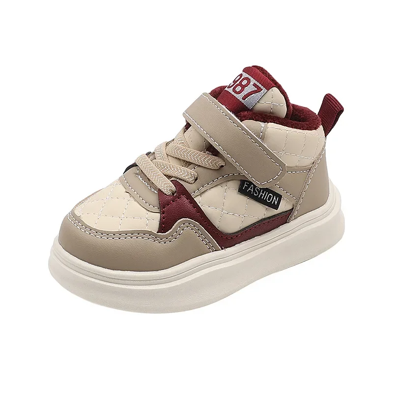 가을 겨울 키즈 신발, 하이 탑, 소년 캐주얼 스포츠 신발, 여아용 따뜻한 모피 스니커즈, 핑크, 블랙