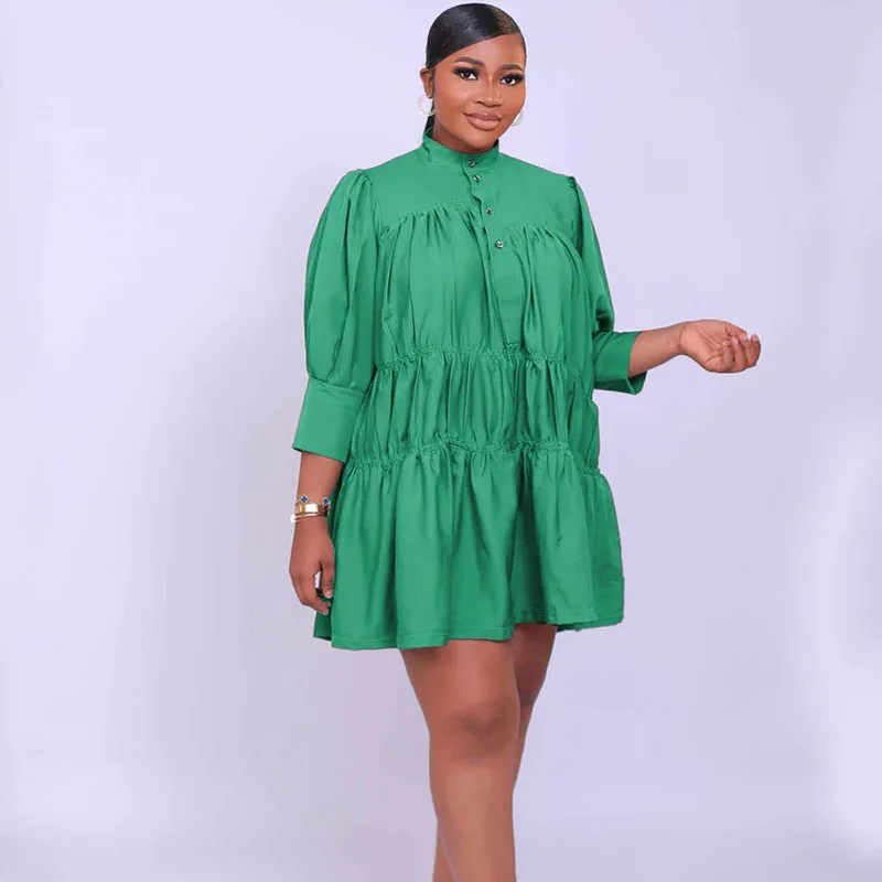 

Spring Autumn Long Sleeve Shirt Dress Women Button-Up Stand Collar Three Quarter Sleeve Loose Casual Big Swing Babydoll Dress