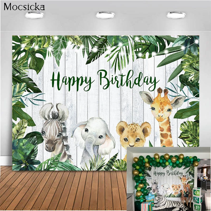 Animals Baby Shower Background Green Leaves Fox Bear Newborn Kid Birthday Photo Backdrop For Photography Party Decoration Studio