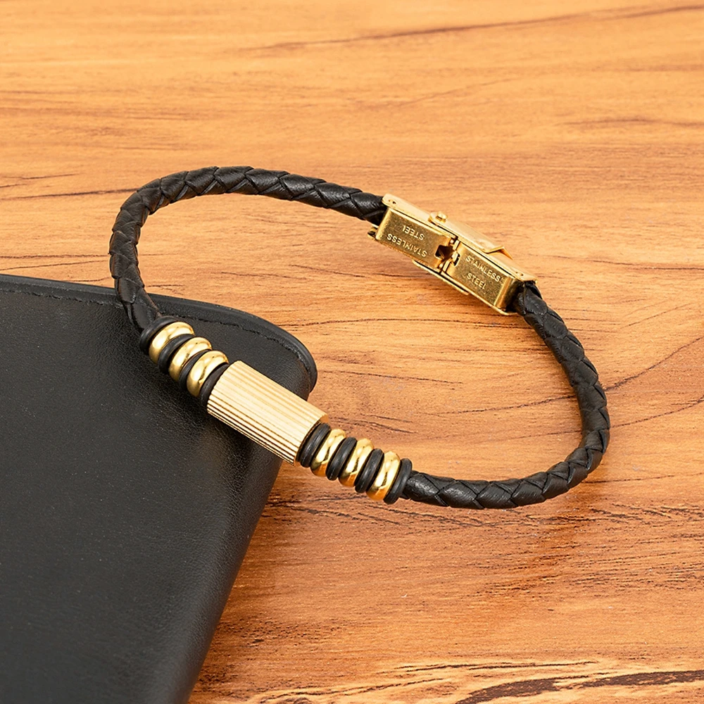 Leather Bracelet Charm Stainless Steel Magnetic Clasp for Men