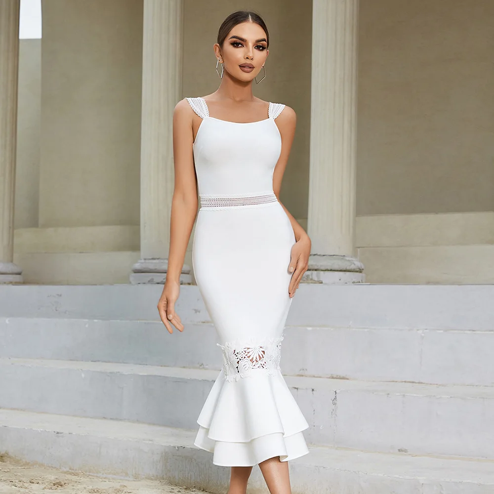 Putao White Women Mermaid Prom Dress Lace Bandge Party Gown Strap Senza Maniche Slim Fit Elegante Wedding Homcoming Robes In Stock