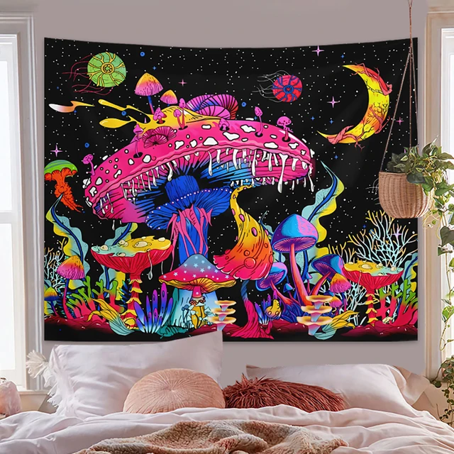Tapisserie de champignons de couleur fluorescente, tapisserie de ciel nocturne mystérieuse, lumière noire ultraviolette, plante naturelle, forêt, lune, fleur, 1 pièce 4