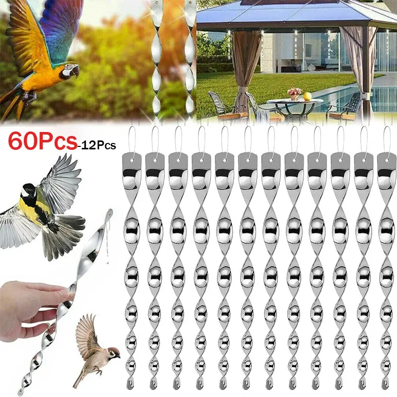 60-12pcs Bird Repellent Reflective Rods 30cm Scare Birds Repeller Wind Spiral Rotating Rod Hanging Ornaments Home Garden Decor