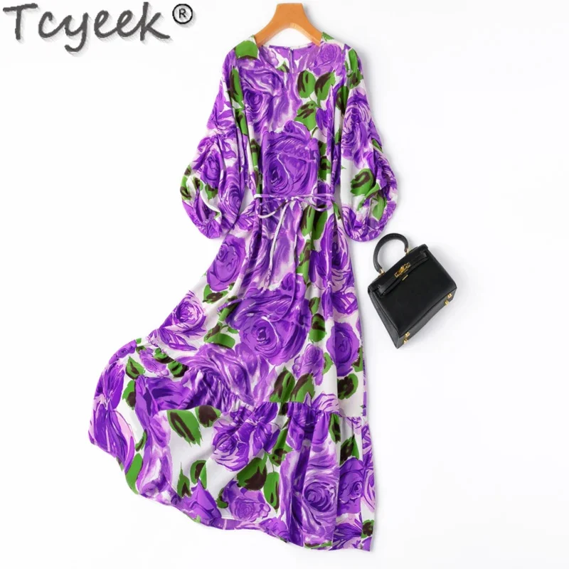 

100% Tcyeek Mulberry Silk for Women Clothing Women's Elegant Dresses 2024 Print Spring Summer Lantern Sleeve Dress loose