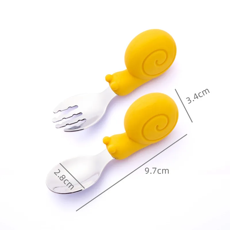 Portable Baby Stainless Steel Spoon Fork with Soft Silicone Handle, Self-Feeding Training Utensil for Kids Toddler (Cartoon)