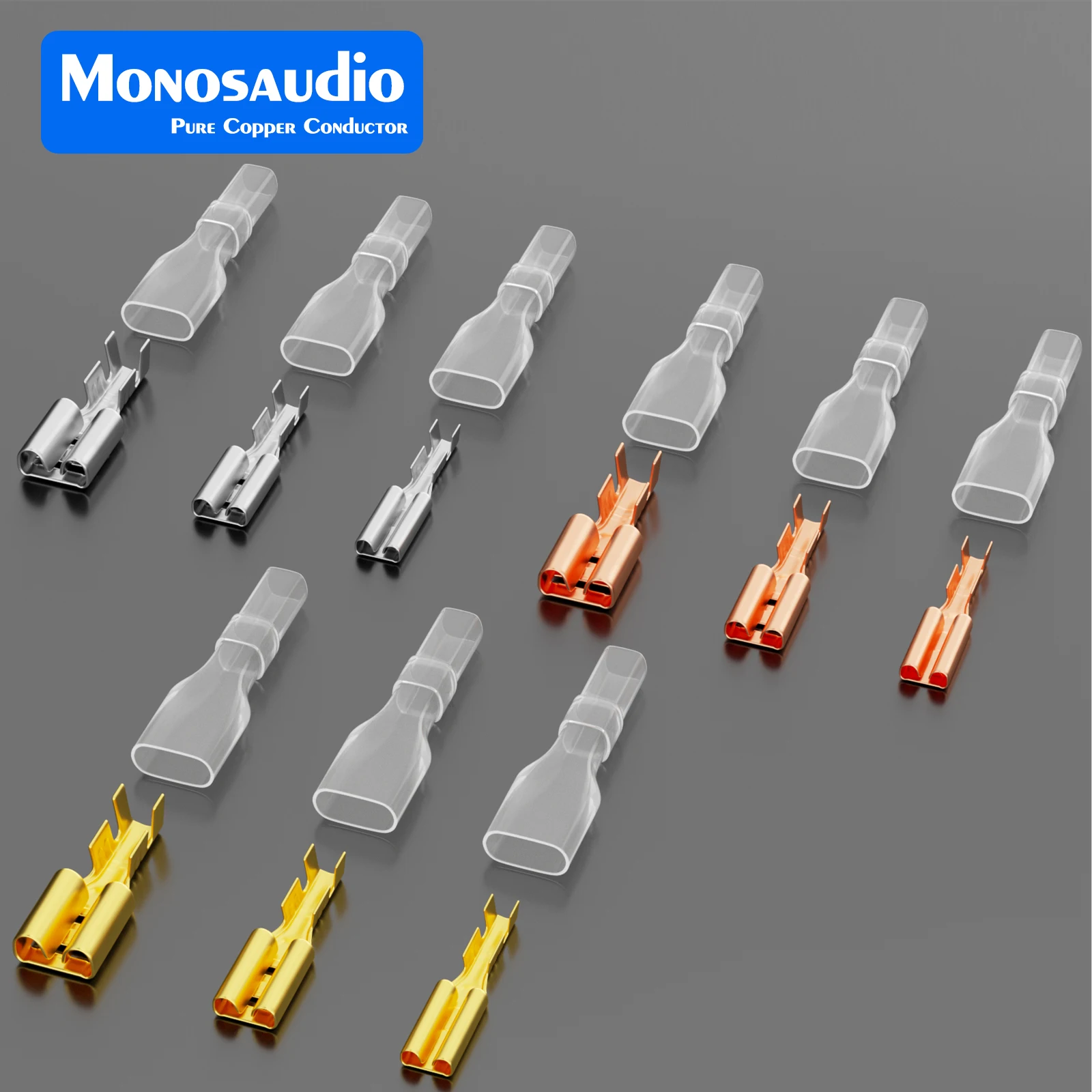 Monosaudio flacher Steckkabelschuh, vergoldet/rhodiniert, Draht-Ohr-Einsatz, Zungenbreite 6,3/4,8/2,8 mm, Kabelcrimp für IEC – Detail 17