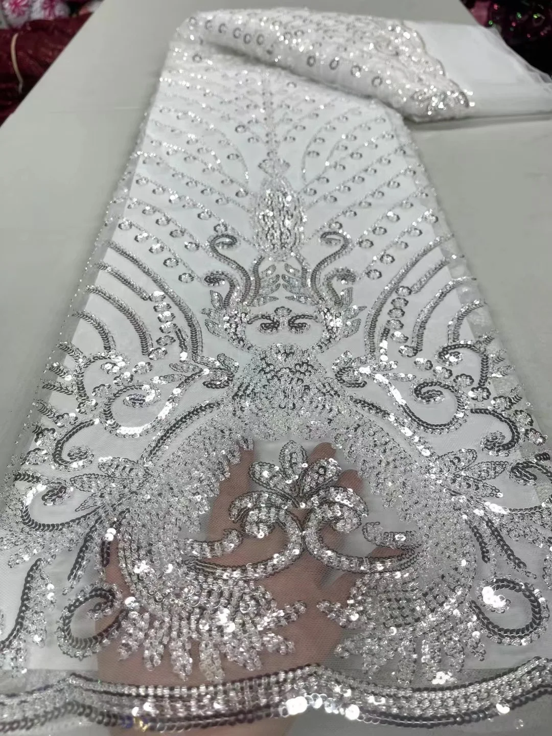 

2023 Pure White African Sequins Lace Fabric Luxury Nigerian High Quality Tulle Lace Fabric French For Wedding Dinner Dresses Sew