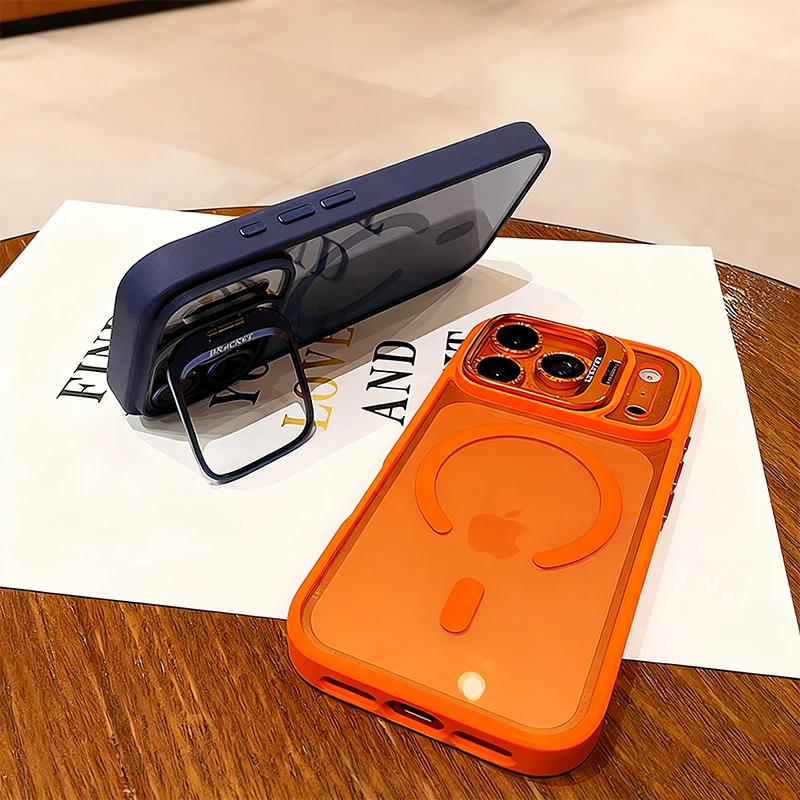 Luxury Matte Translucent Armor Shockproof For Magsafe Bracket Case For iPhone 17 16 15 14 13 12 Pro Max 17 Wireless Charge Cover 2