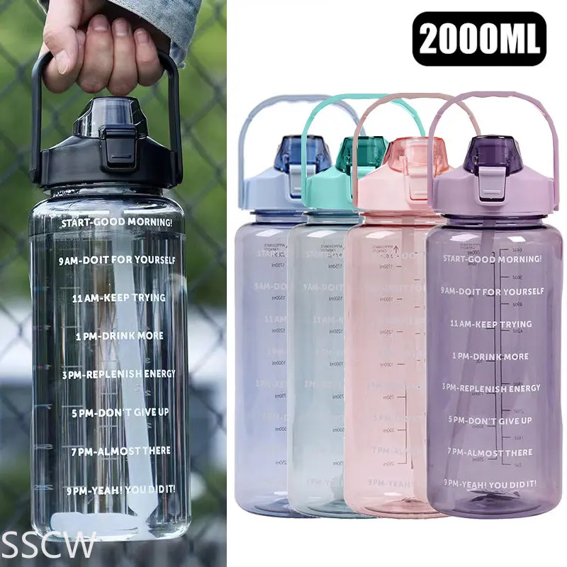 2 Liters Water Bottle Sports Drinking Water Bottle Set 2000/900/250ML  Portable Cups for Outdoor Climbing with Straw Girls Gift - AliExpress