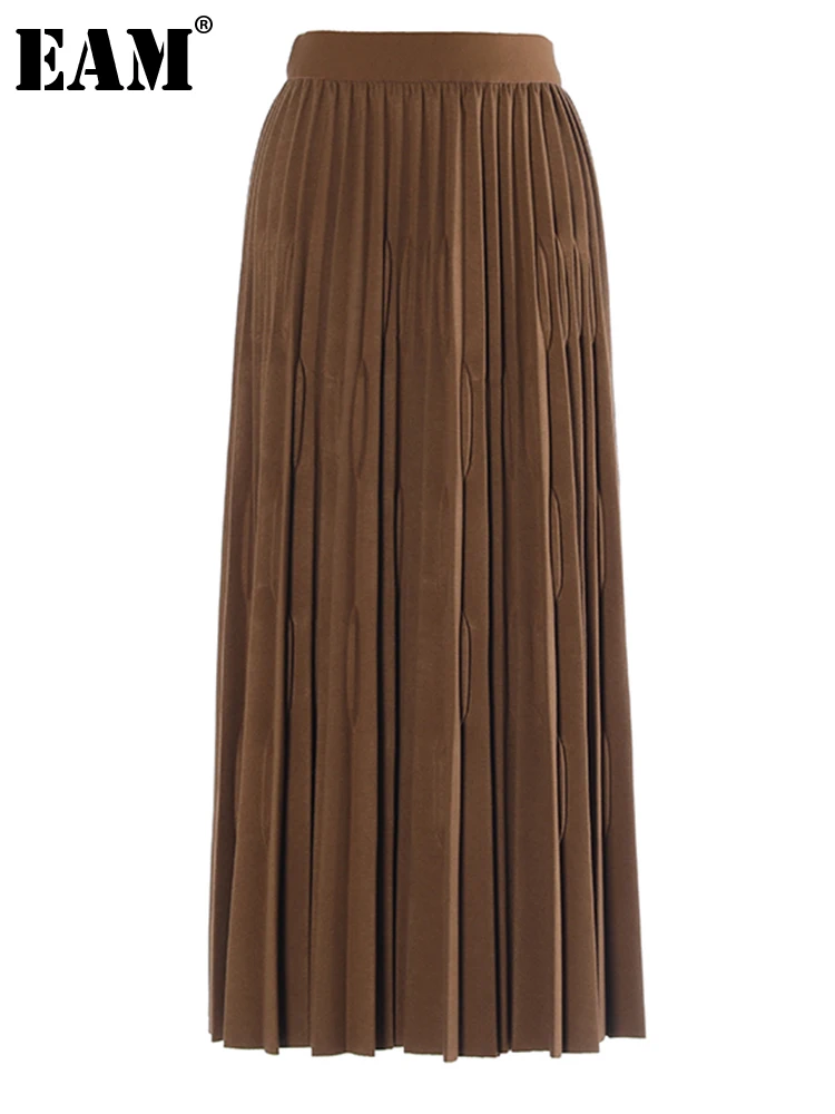 

[EAM] High Elastic Waist Khaki Pleated Thick Elegant Midi Half-body Skirt Women Fashion Tide New Spring Autumn 2024 1DH1744