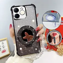 Glitter Four - Corner Shockproof Phone Case with Mirror Stand & Beaded Strap for Realme Note 70 4G (Black)