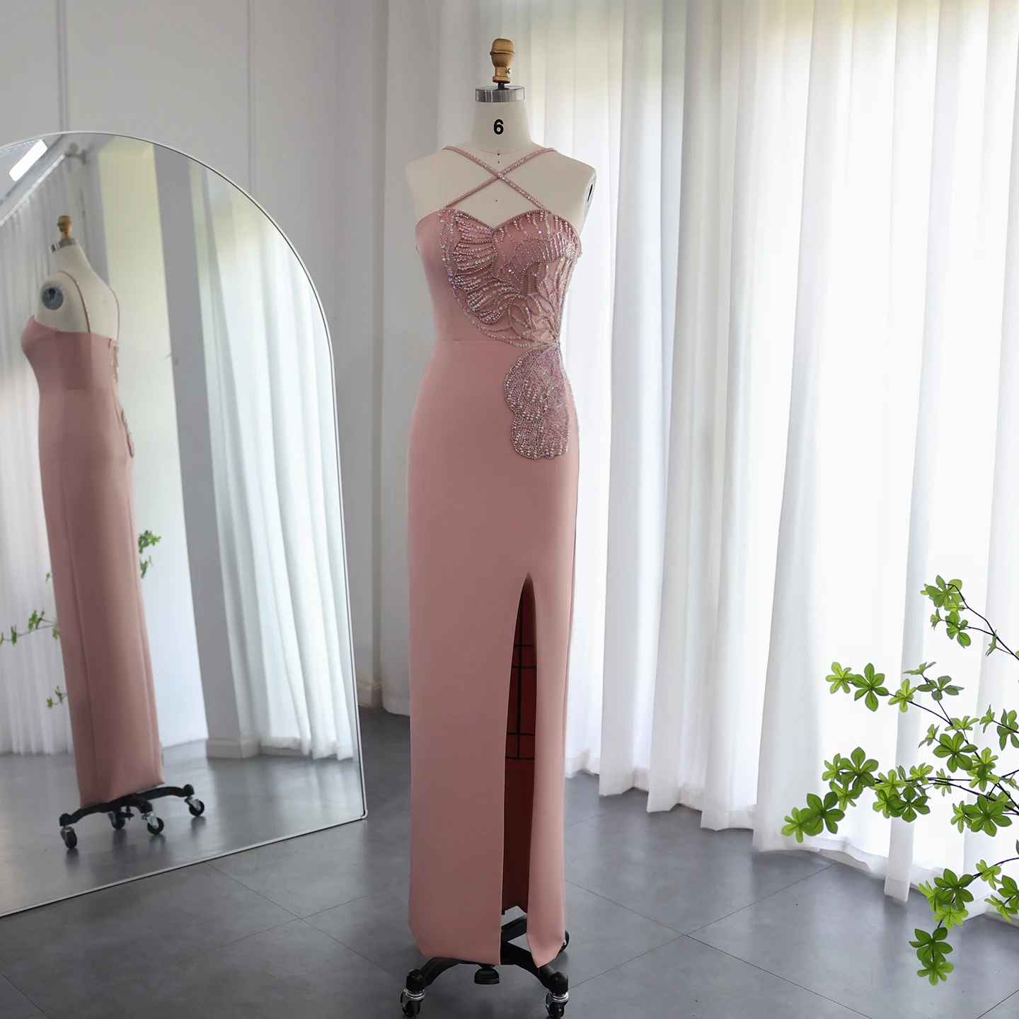 

Jancember Crisscross Straps Pink Evening Dresses 2024 Luxury Butterfly Beaded Slit Dubai Women Wedding Party Gowns Scz205