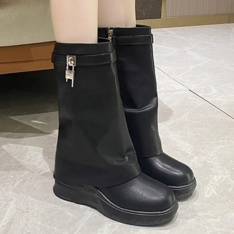 Shoes for Women 2023 Winter Pull on Mid Tube Women Boots Solid Color Round Toe Turned-over Edge Platform Water Proof Shoes Women