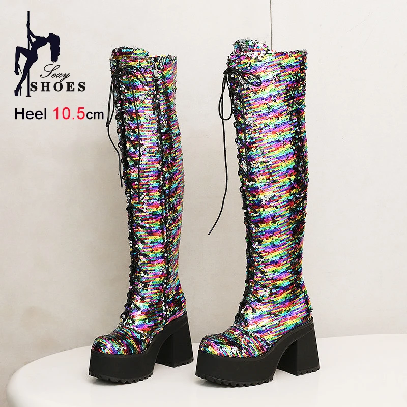 Glitter Boots Lace-up Thick Platform Thigh High Nightclub Party Bling Gothic Women Shoes 10.5CM Sparkly Round Toe OverKnee Boots