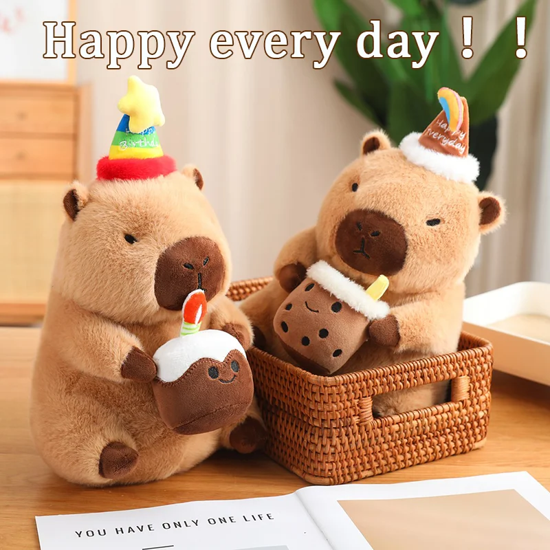 30cm Birthday Capybara Plush Toys Soft Stuffed Animals Capybara Cake Milk Tea Red Flower Capybara Kids Girls Boys Birthday Gifts 3
