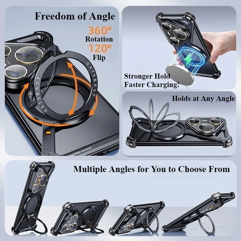 Oatsbasf Metal Frameless Phone Case with 360° Rotating Magnetic Stand