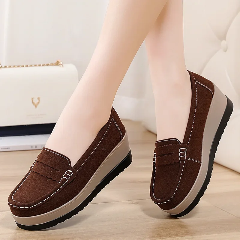 2024 Women Platform Wedge Loafers Autumn Ladies Suede Leather Moccasins Shoes Woman Slip on Walking Casual Shoes Zapatos Mujer 3