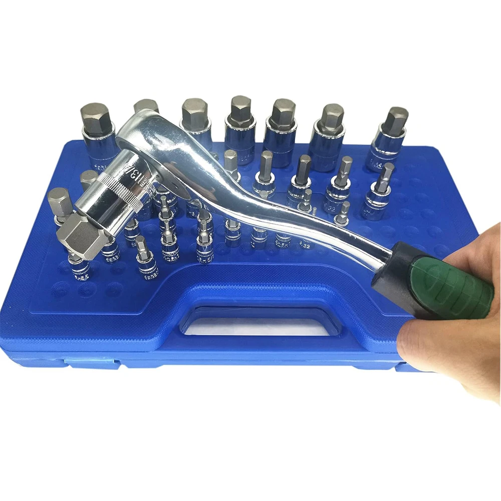 34pcs Master Hex Bit Socket Set Allen Wrench Bit Kit Hex Key for Ratchet Socket Tool SAE and Metric 3/8, 1/4, 1/2 Drive Socket 5