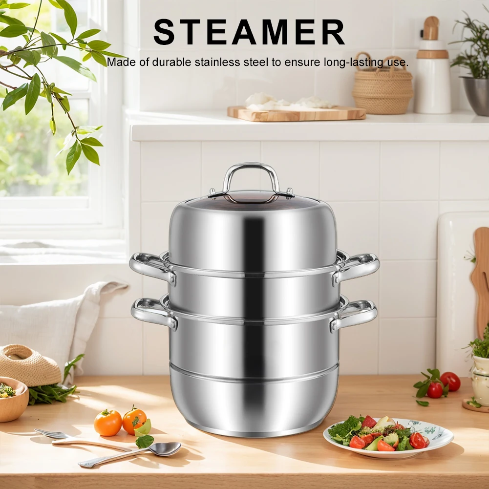 3 Tier Food Steamer Pot 11inch Stainless Steel Soup Steam Pot Universal Cooking Pots for Induction Cooker Gas Stove Steam