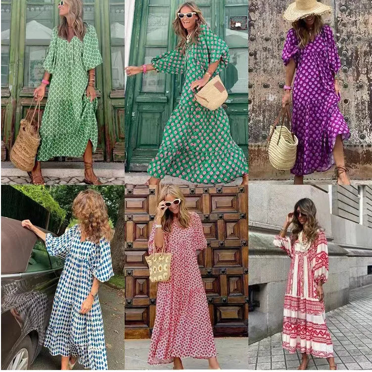 

Autumn new independent station hot sales, geometric collage bubble sleeve dress street fried street large size women