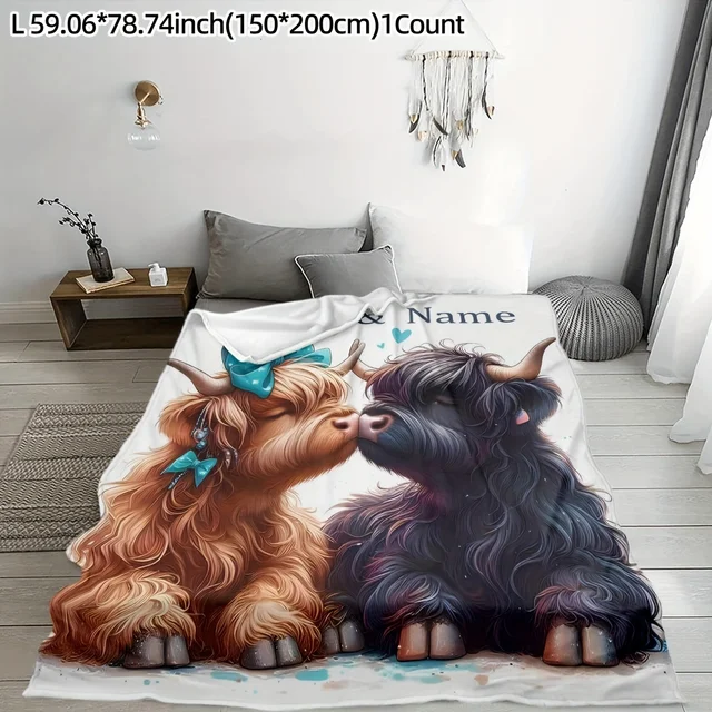 Customized name highland cow blanket personalized text, comfortable flannel blanket suitable for all seasons 4