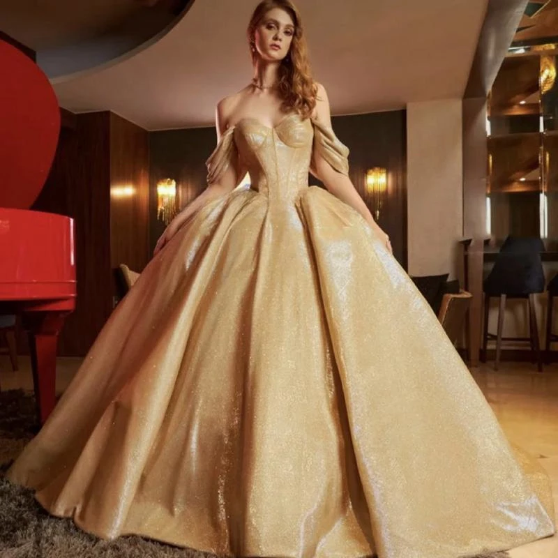 

Luxury Sweetheart Shiny Backless Off The Shoulder Evening Dress 2024 Ball Gown Floor Length Sweep Train Quinceanera Dress