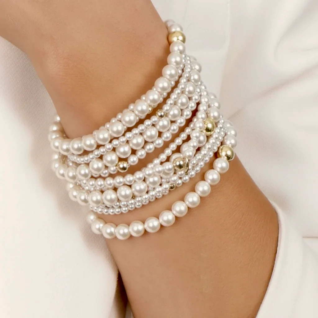 Vlen Vlen Armband mit Muschelperlen für Damen, dehnbar, elastisch, schlicht, elegant, Perlenarmband, stapelbar, Perlenarmbänder für Frauen, Geschenk