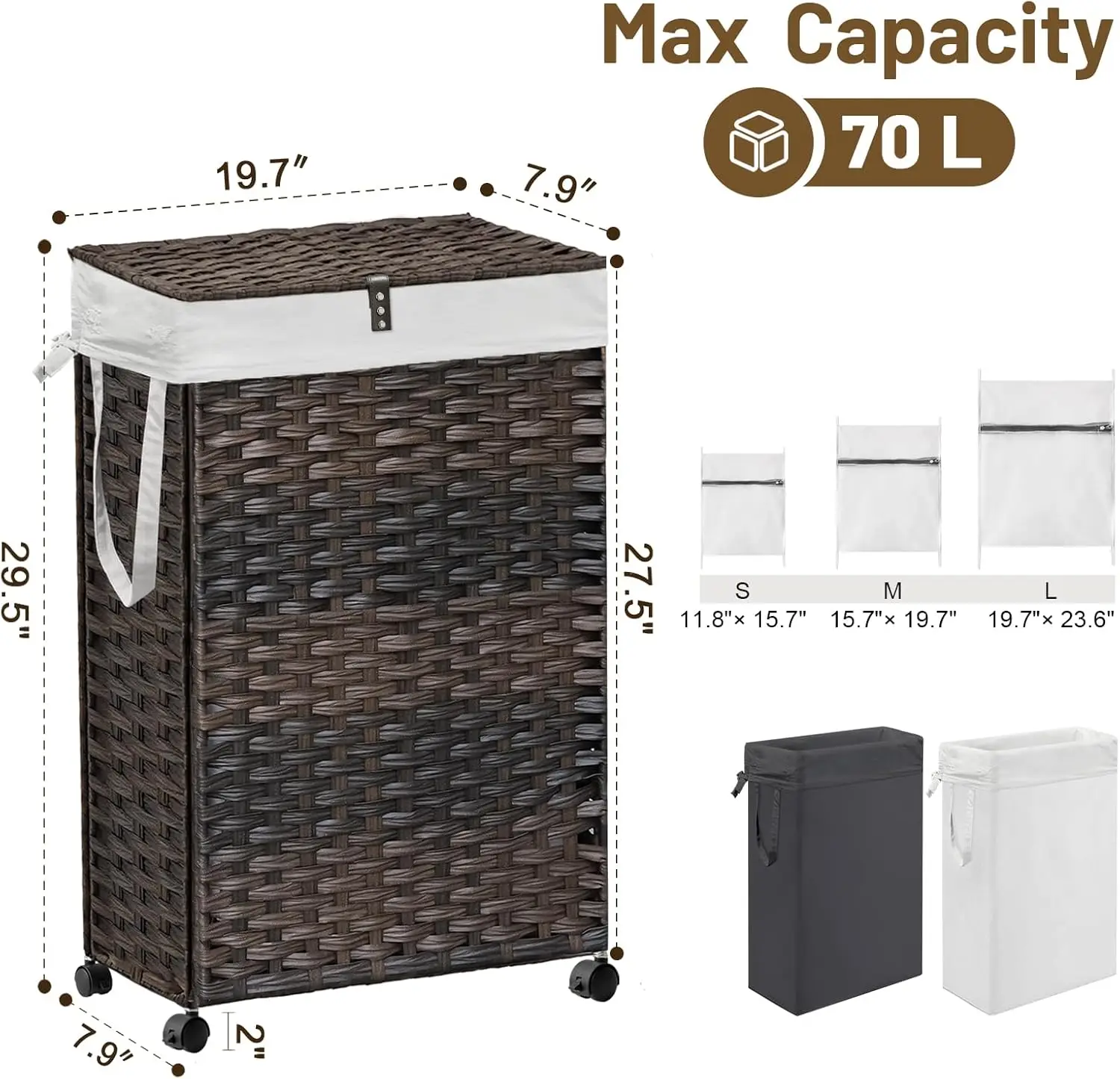 70L Slim Laundry Hamper with Lid & Wheels Rolling Laundry Basket with 2 Removable Liner Bags & 3 Mesh Bags Narrow Dirty Clothes