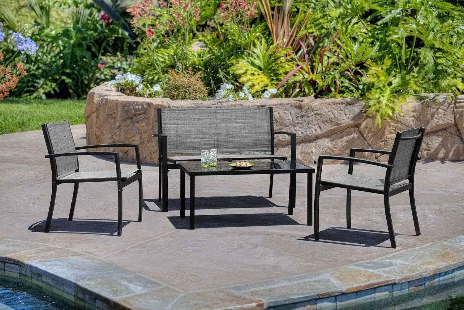4 Pieces Outdoor Patio Furniture Set Conversation Set with Glass Coffee Table Bistro