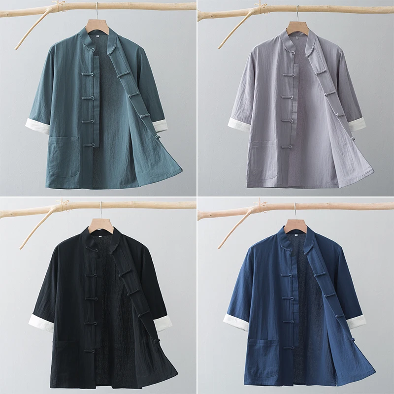 Traditional Chinese Tang Suit Tops Men Long Sleeve Kung Fu Tai Chi Uniform Spring Autumn Shirts Chinese Cardigan Coat Hanfu