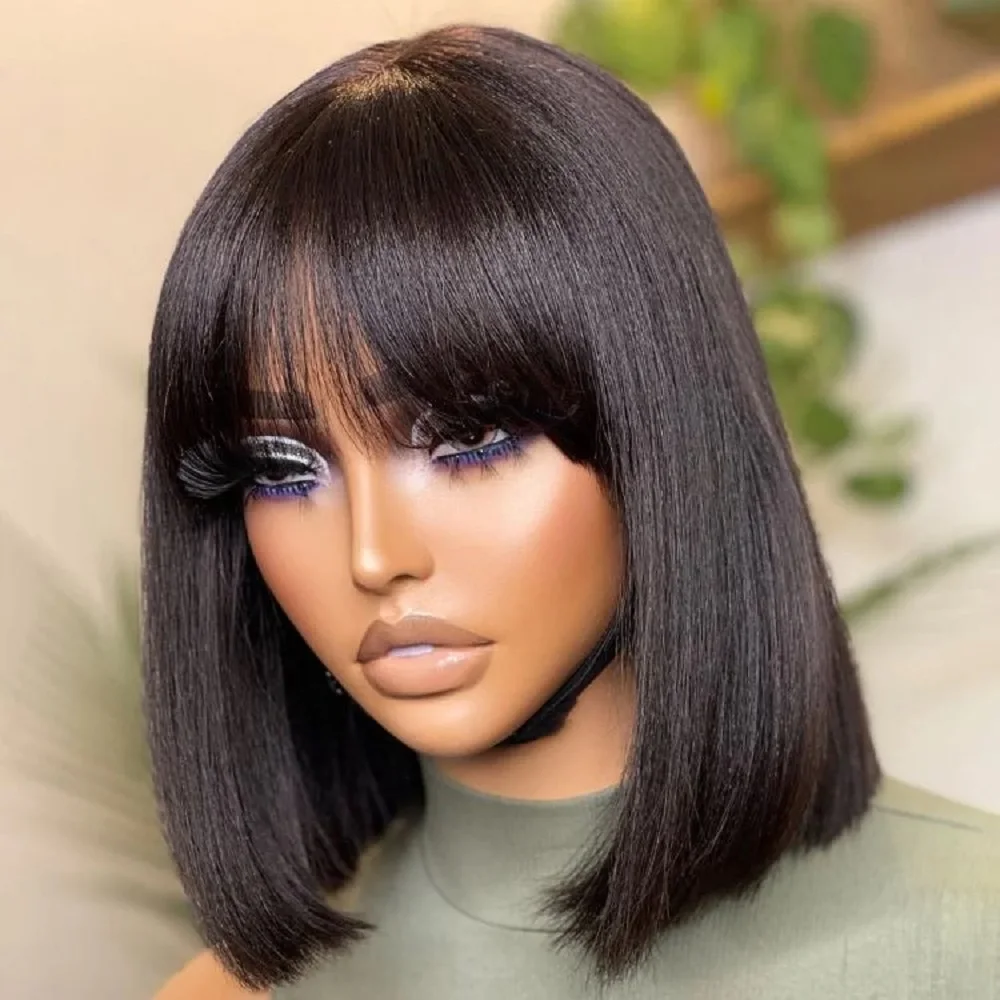 

Fake Scalp Human hair Wigs with bangs Guleless Straight Wig Brazilian Remy Human Hair Wigs 180 % Density Lace Top Wigs for Women