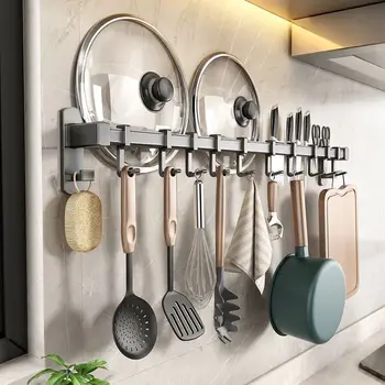Gancio da cucina a parete con portautensili: nessuna foratura richiesta, spazio multiuso per pentole, mestoli e coltelli. 1