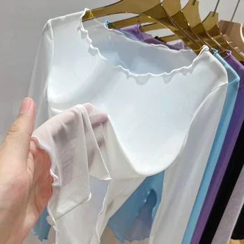 Camicetta con fondo in rete di seta del ghiaccio per le donne estate indossare protezione solare t-shirt a maniche lunghe bordo Aura straniero prospettiva Sexy in Tulle 1