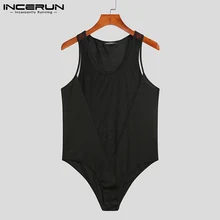 

Men Loungewear Sexy Leisure Onesies Breathable Mesh Male Stitching Solid Fashion Casual Sleeveless Bodysuits S-5XL INCERUN 2021