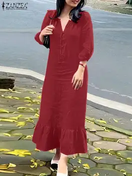 2023 ZANZEA Autumn Women Sundress Fashion Solid Flounce Hem Midi Dress Casual V Neck 3/4 Sleeve Party Vestido Kaftan Robe Femme 1