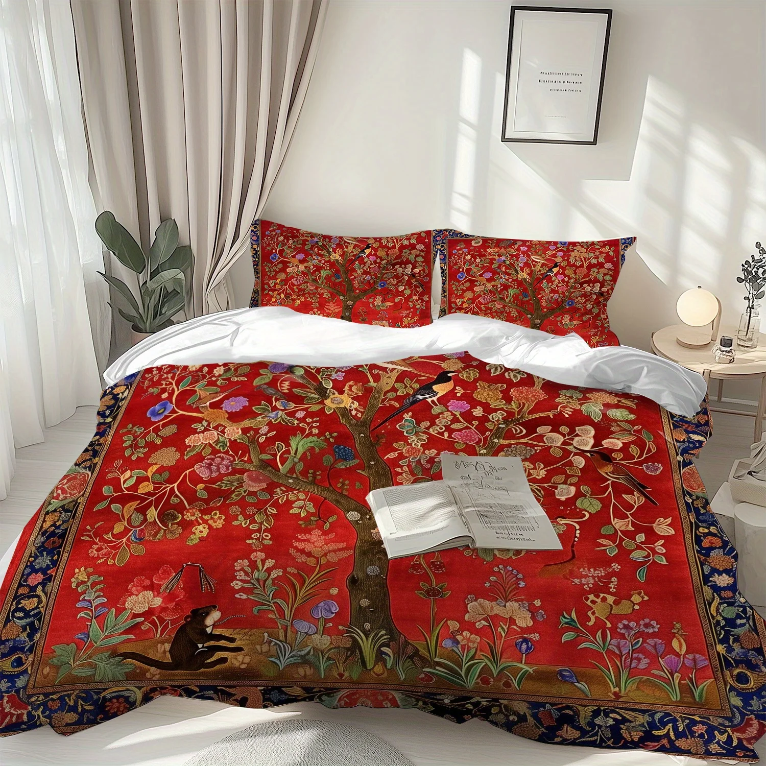2/3Pcs Red Festive Big Tree Duvet Cover Set, Luxury Soft Wrinkle Resistant Bedding with Pillowcases, Machine Washable