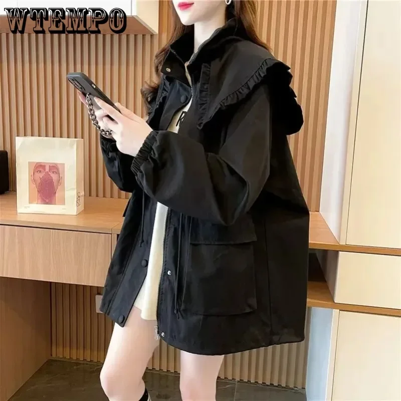 

Peter Pan Collar Coat Mid Length Women's Zipper Cardigan Long Sleeves Loose Harajuku Preppy Style Warm Casual Spring Autumn