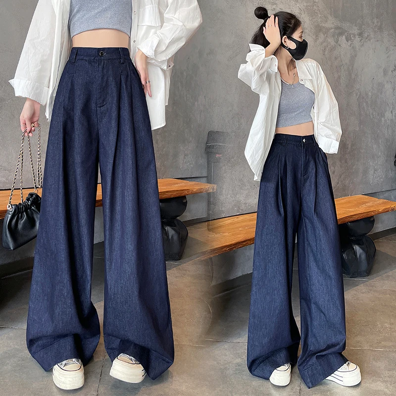 Jean en denim pour femme, style américain, coupe ample, jambe large, décontracté, taille haute, longueur au sol, jambe droite, collection Printemps-Été