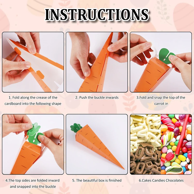 12pcs Easter Carrot Paper Candy Box Bunny Rabbit Cookie Snack Packaging Bags Spring Easter Party Decoration Kids Birthday Favors