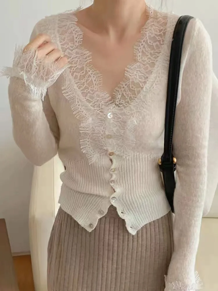 

Korean Fashion Chic Vintage Sweater New 2023 Lace Women Autumn Winter Knitted V-Neck Cardigans Elegant Tops sweater