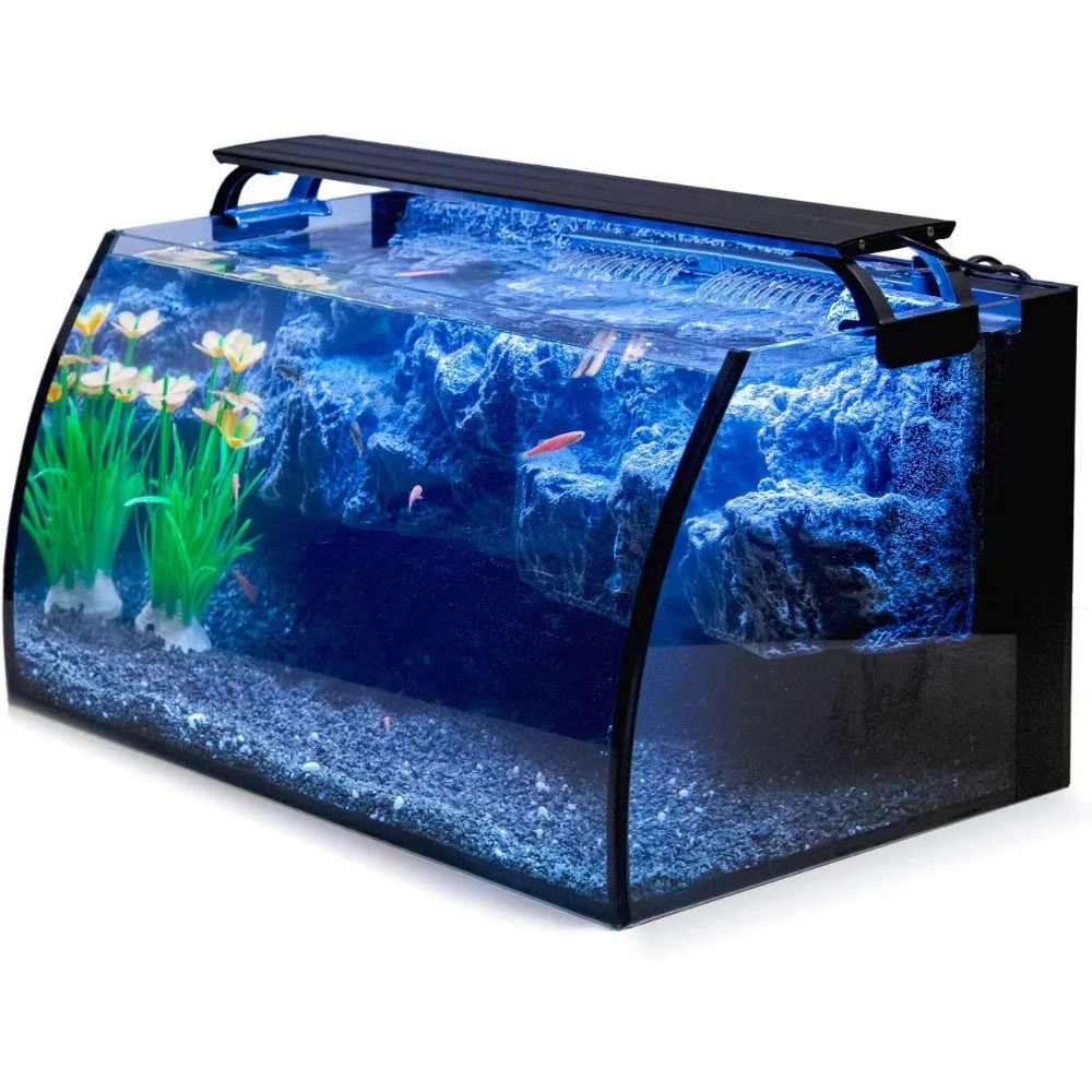 Fish Tank 8 Gallon LED Glass Aquarium Kit for Starters with,with 3D Rockery Background Decor, Wide View Curved Shape Fish Tank 1