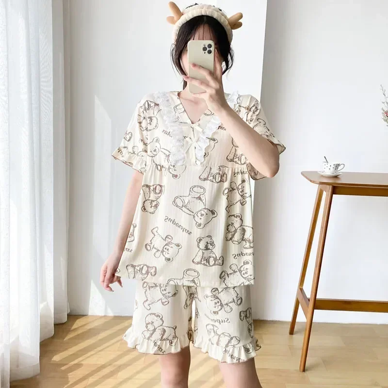 

Top+shorts Print Size Ruffle Set Skin-friendly Breathable Pajama Sleeve Plus Homewear Sleepwear Cherry Short Mujer